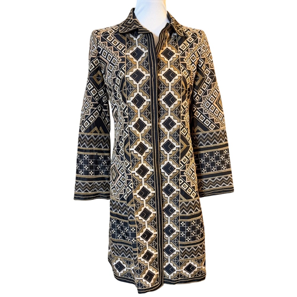 BIYA Johnny Was Embroidered Silk Coat Women S Black Gold Boho Geometric Artwear